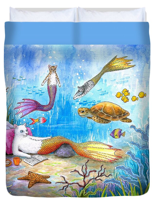 Cat Duvet Cover featuring the painting Cat Mermaid 31 by Lucie Dumas