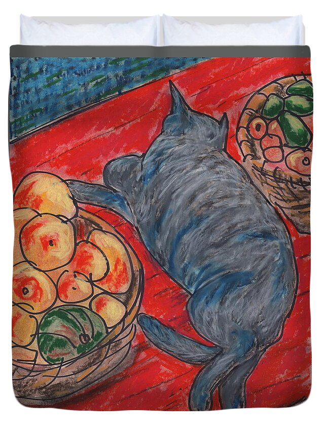 Cat Duvet Cover featuring the painting Cat Nap by Todd Peterson