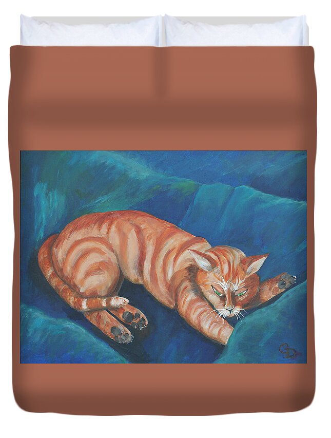 Cat Napping Duvet Cover featuring the painting Cat Napping by Gail Daley
