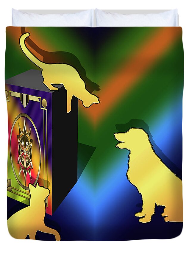 Cat Duvet Cover featuring the digital art Cat on a Box - Dark by Chuck Staley