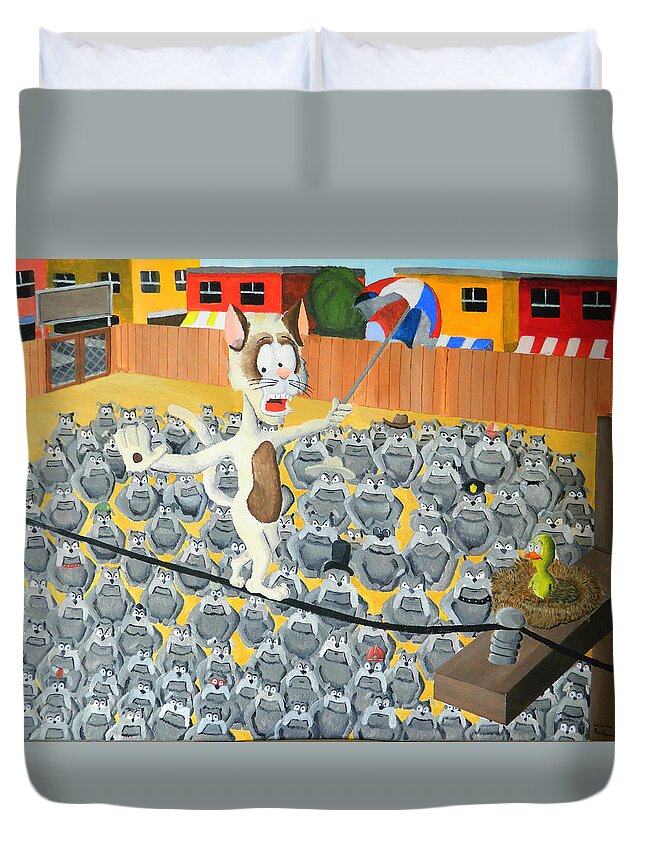 Cat On A Wire Duvet Cover featuring the painting Cat on a Wire by Winton Bochanowicz
