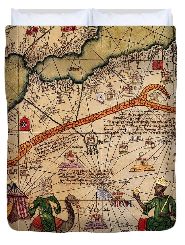 Detail Duvet Cover featuring the drawing Catalan Map of Europe and North Africa Charles V of France in 1381 by Abraham Cresques
