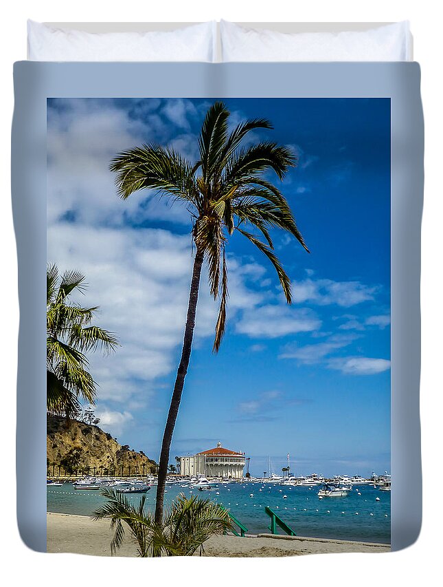 Catalina Duvet Cover featuring the photograph Catalina Casino and Palm Tree by Pamela Newcomb