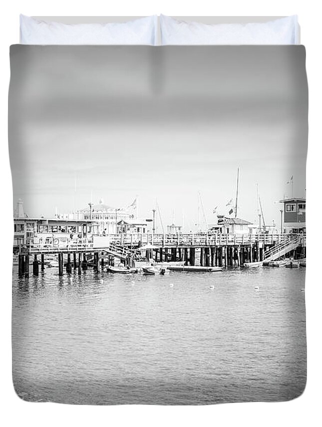 America Duvet Cover featuring the photograph Catalina Island Pleasure Pier Black and White Photo by Paul Velgos