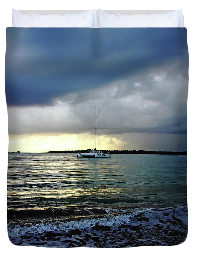 Dominican Republic Duvet Cover featuring the photograph Catamaran At Sunrise by Debbie Oppermann