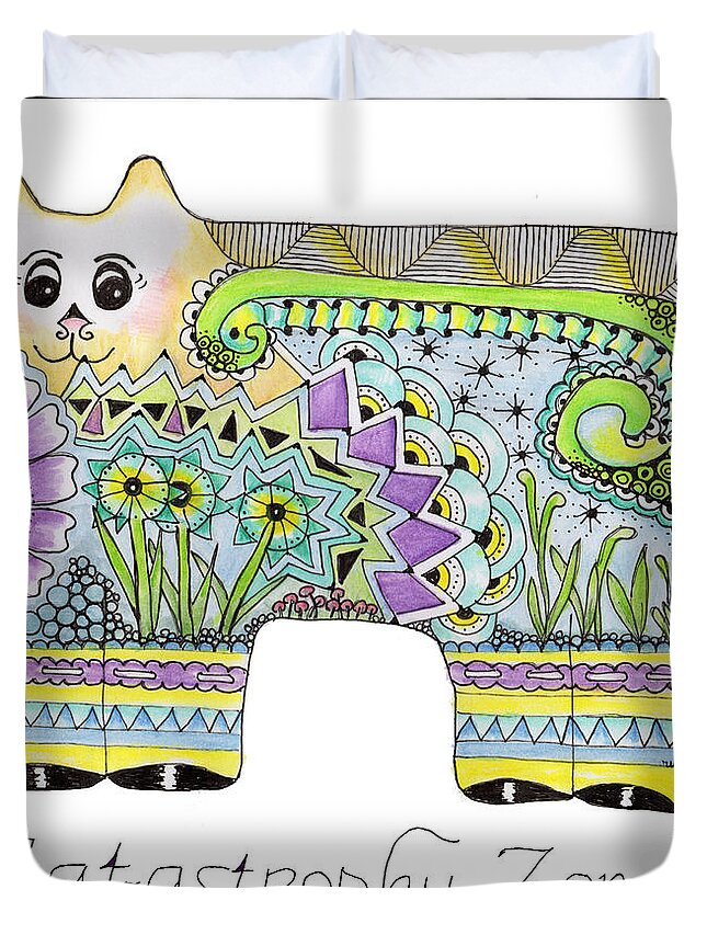 Kitty Cat Zentangle Doodle Flowers Geometric Duvet Cover featuring the tapestry - textile Catastrophy Zone by Ruth Dailey
