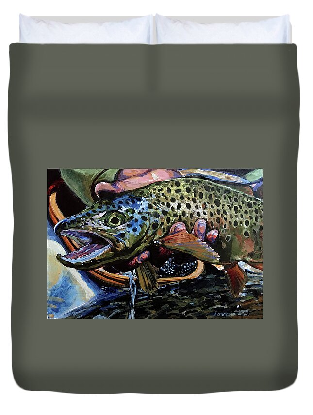 Brown Trout Duvet Cover featuring the painting Catch of the Day by Les Herman