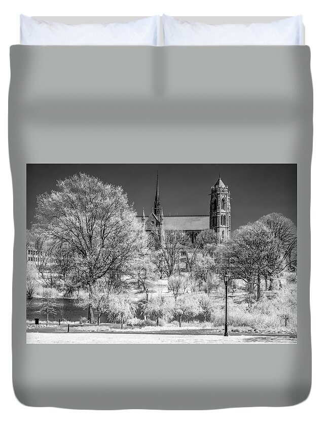 B&w Duvet Cover featuring the photograph Cathedral Basilica of the Sacred Heart IR by Susan Candelario