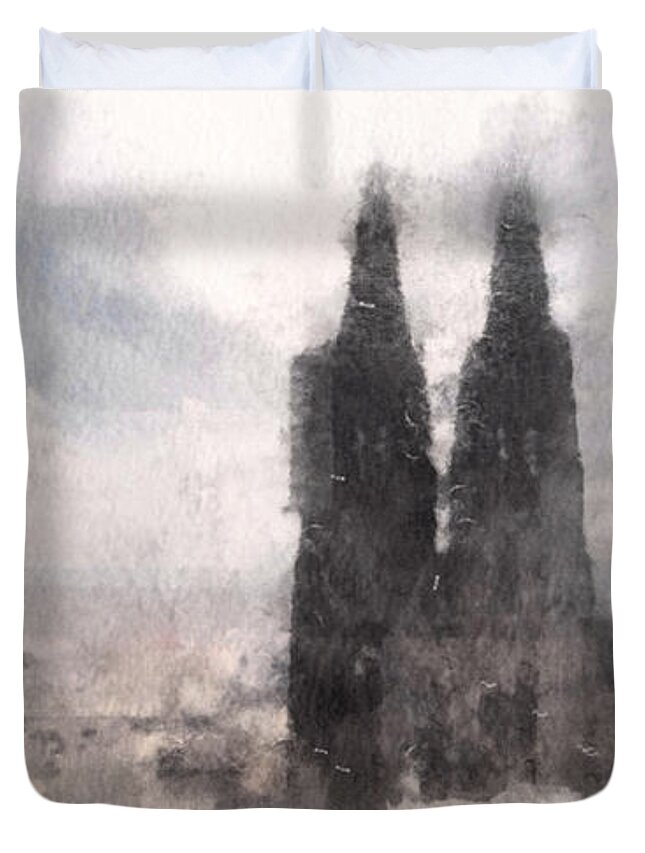 Susan Maxwell Schmidt Duvet Cover featuring the mixed media Cathedral of Cologne by Susan Maxwell Schmidt