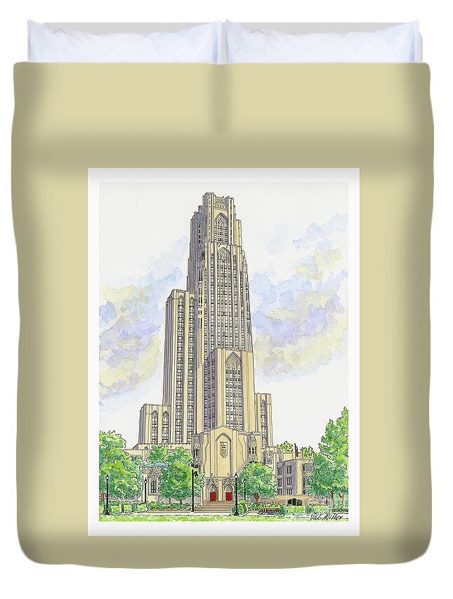 Pitt Duvet Cover featuring the painting Cathedral of Learning by Val Miller