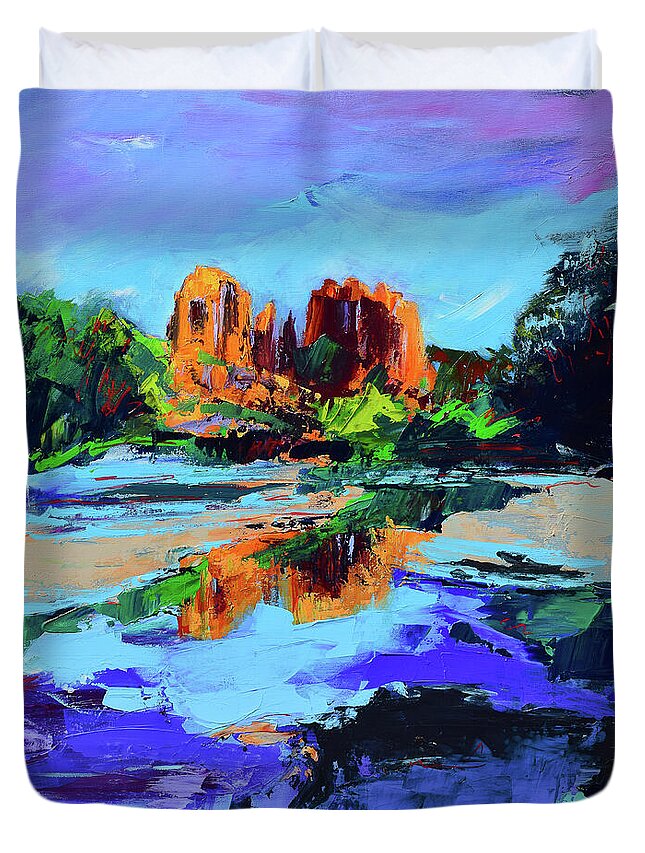 Cathedral Rock Duvet Cover featuring the painting Cathedral Rock - Sedona by Elise Palmigiani
