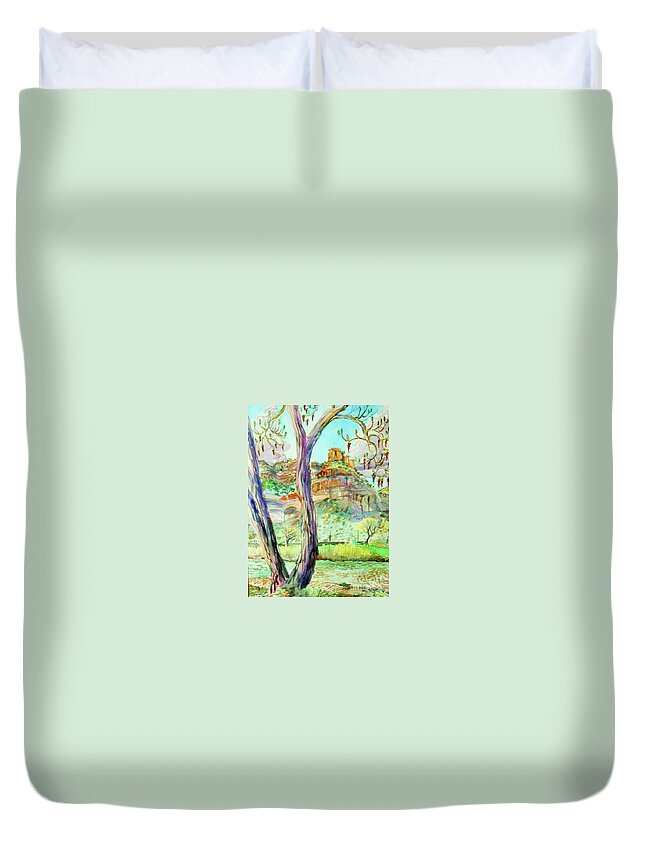 Plein Air Watercolor Of Catkins On Cottonwood Tree Close To The Colorado River Duvet Cover featuring the digital art Catkins in the spring by Annie Gibbons