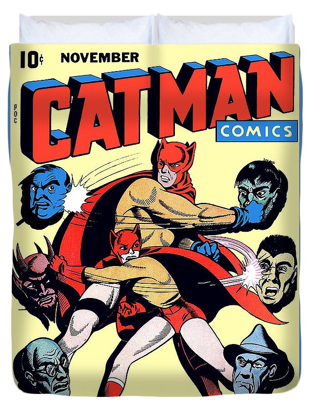 Catman Duvet Cover featuring the digital art Catman and Kitten Comic Book Poster by Joy McKenzie