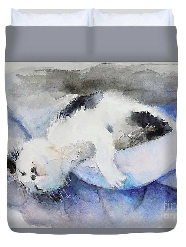 Cat Duvet Cover featuring the painting Catnap2-1 by Yoshiko Mishina