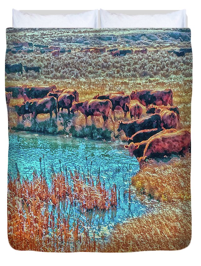 Western Duvet Cover featuring the photograph Cattails, Cattle And Sage by Amanda Smith