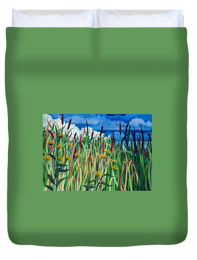 Cattails Duvet Cover featuring the painting Cattails by Helen Klebesadel
