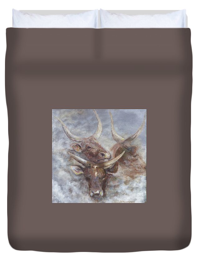Longhorn Steers Duvet Cover featuring the painting Cattle in the Mist by Deborah Smith