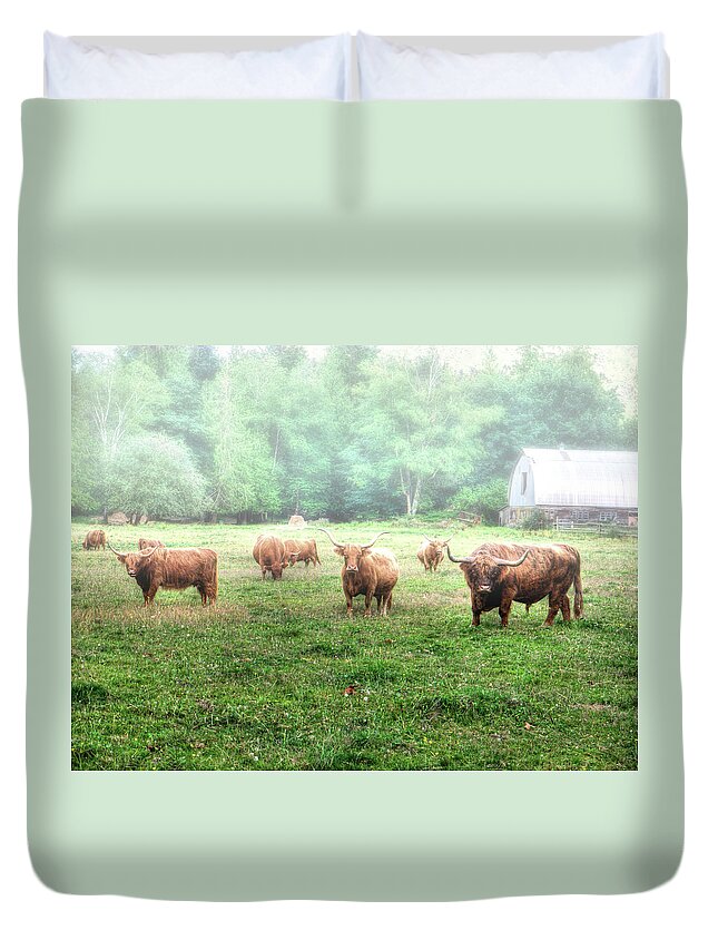 Cattle Duvet Cover featuring the photograph Cattle In The Mist by Lawrence Christopher