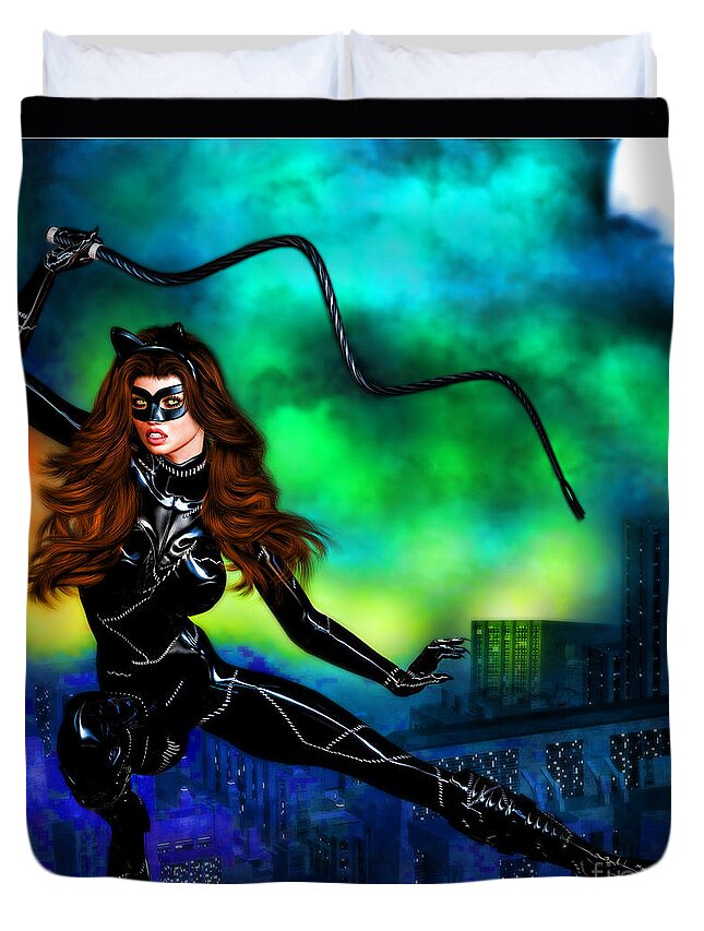 Catwoman Duvet Cover featuring the mixed media Catwoman by Alicia Hollinger