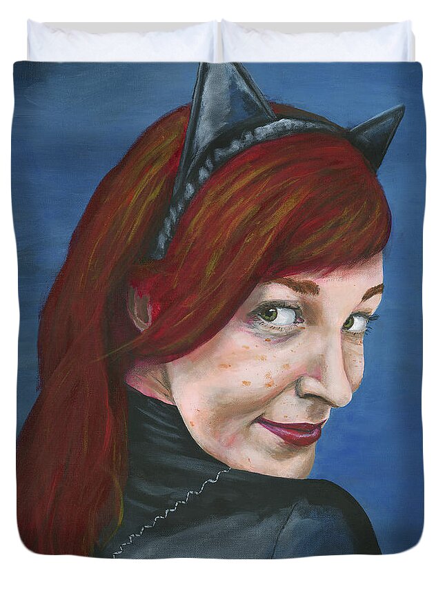 Cosplay Duvet Cover featuring the painting Catwoman by Matthew Mezo