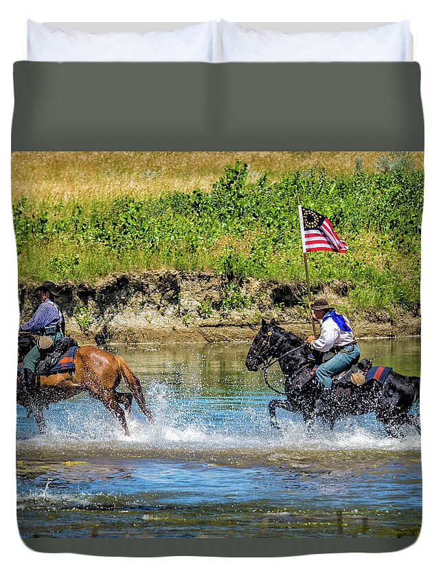 Little Bighorn Re-enactment Duvet Cover featuring the photograph Cavalry Troops Crossing Little Bighorn River by Donald Pash