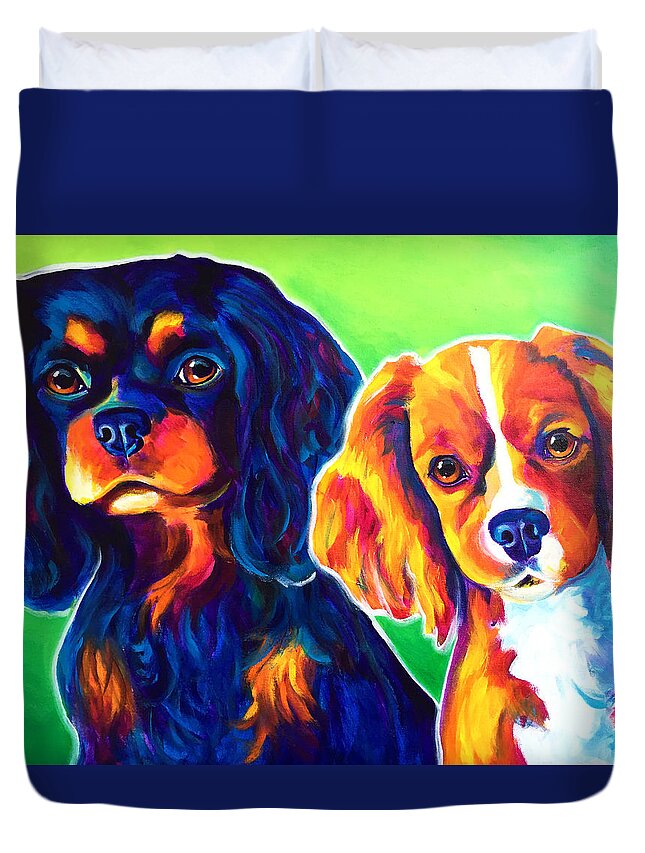 Cavalier King Charles Spaniel Duvet Cover featuring the painting Cavelier King Charles Spaniels - Saffy and Duck by Dawg Painter