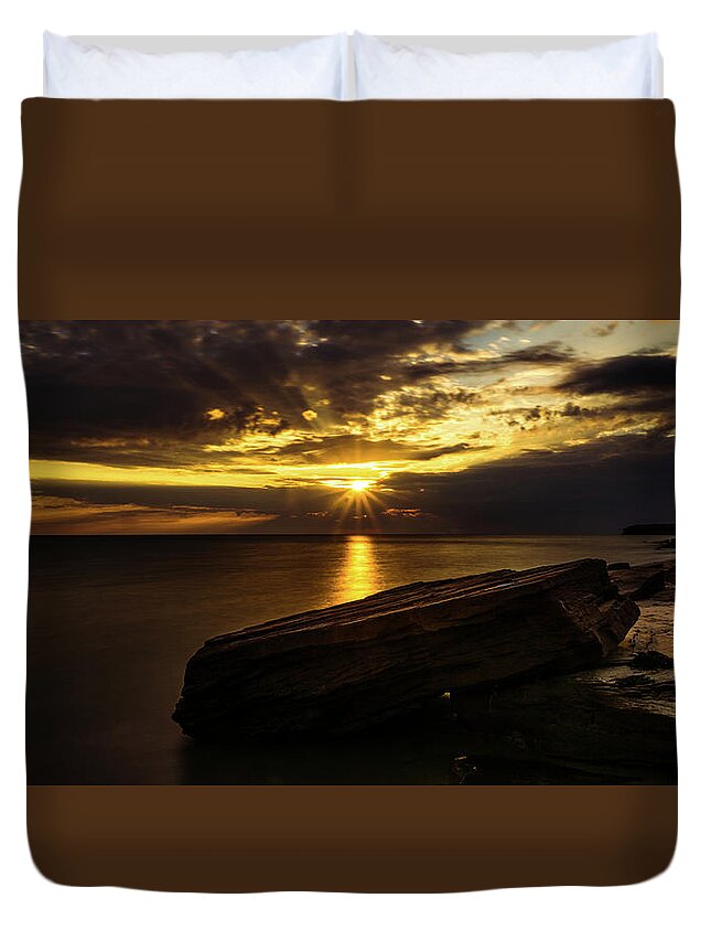 Bluffs By The Ocean Duvet Cover featuring the photograph Cavendish Sunrise Behind Passing Storm Clouds by Chris Bordeleau