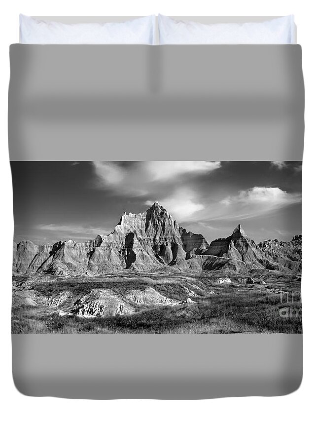 Badlands Duvet Cover featuring the photograph Cedar Pass, Badlands National Park bw by Jerry Fornarotto