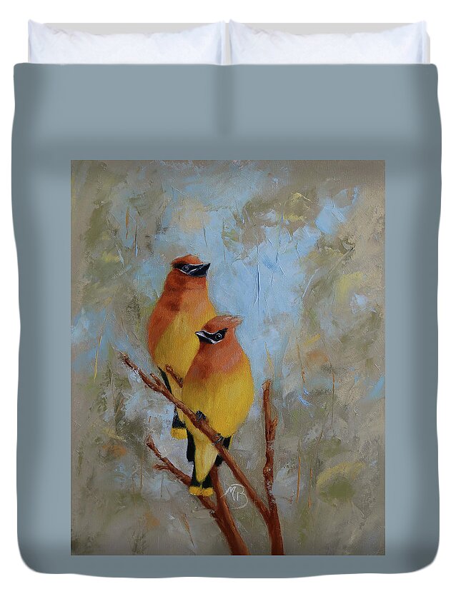 Wildlife Art Duvet Cover featuring the painting Cedar Waxwings by Monica Burnette