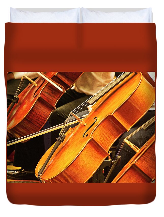 A Row Of Cellos At A Recent Suzuki Music Workshop In Madison Duvet Cover featuring the photograph Cellos by Steven Ralser