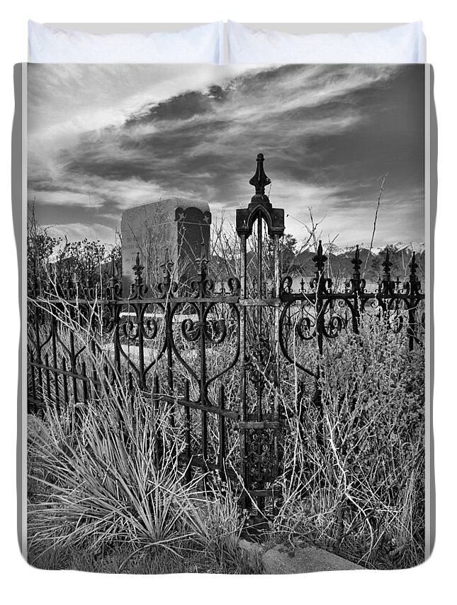 Cemetery Duvet Cover featuring the photograph Cemetery Fence Post and Sky by Sandra Dalton