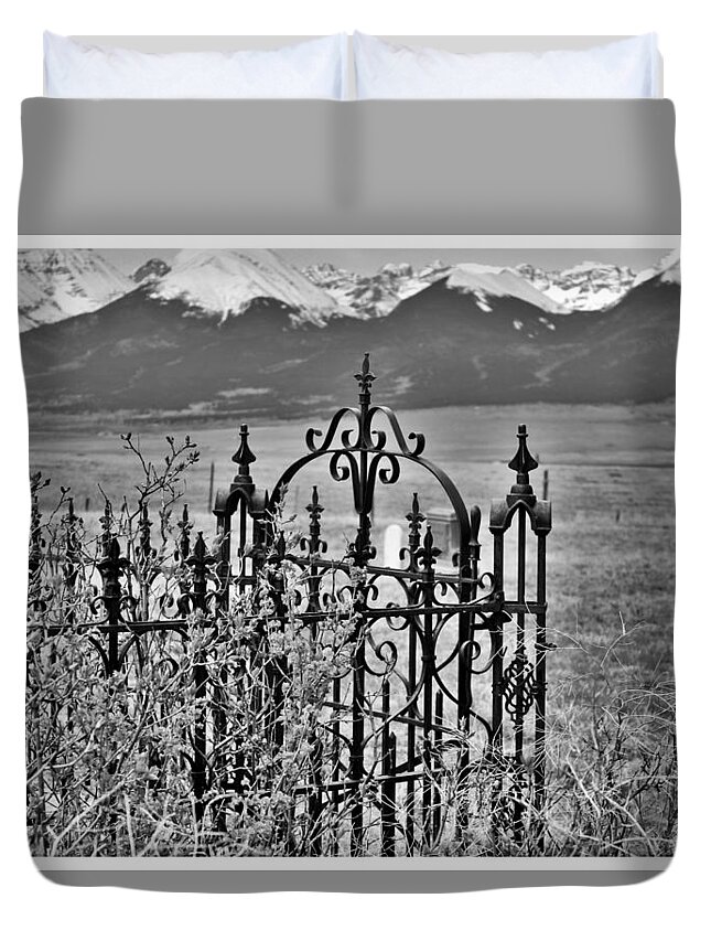 Cemetery B&w Duvet Cover featuring the photograph Cemetery Gate and Mountains by Sandra Dalton