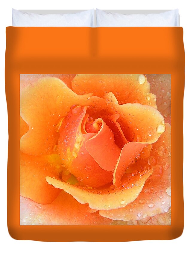 Orange Rose Duvet Cover featuring the photograph Center of Orange Rose by John Lautermilch