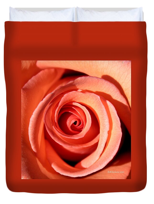 Rose Duvet Cover featuring the photograph Center of the Peach Rose by Barbara Chichester