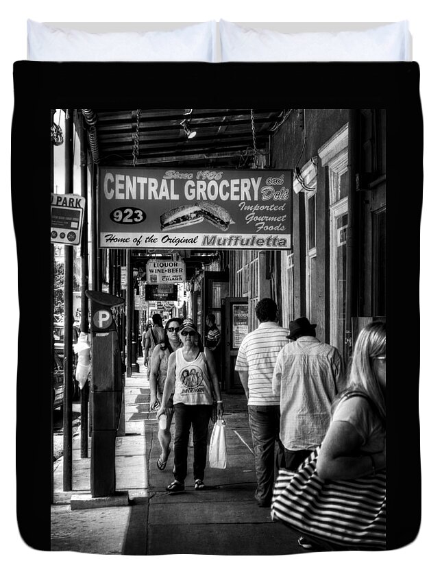 Central Grocery And Deli Duvet Cover featuring the photograph Central Grocery Muffuletta in Black and White by Greg and Chrystal Mimbs