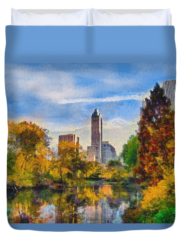 New York Duvet Cover featuring the painting Central Park by Kai Saarto