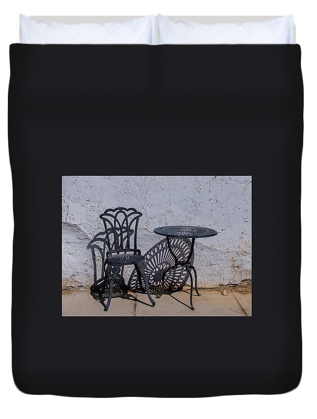 Chair Duvet Cover featuring the photograph Chair and Table by Mike Ronnebeck