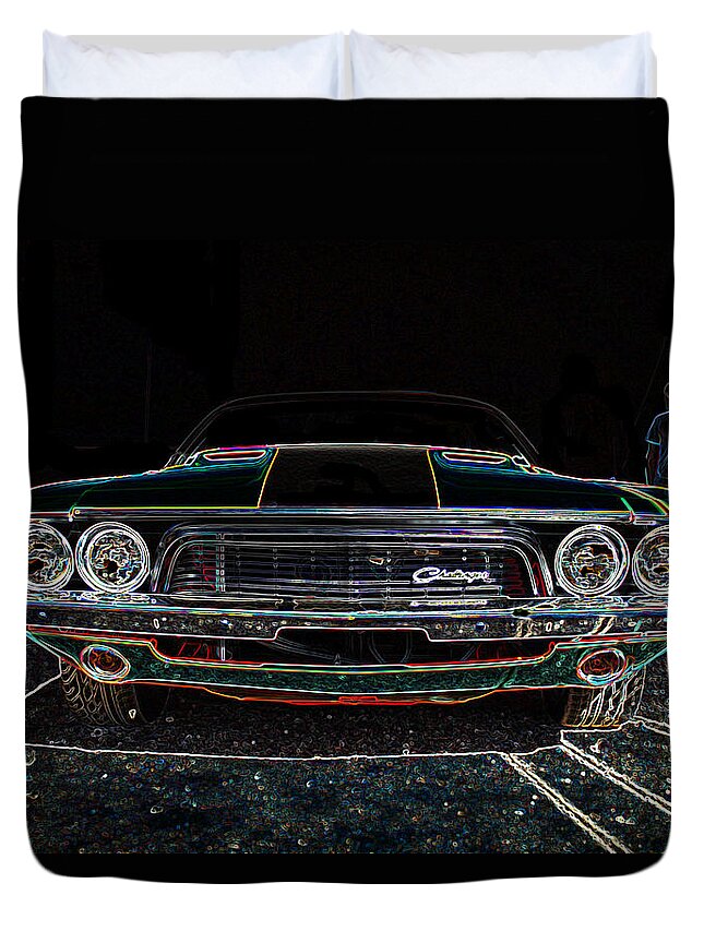 Dodge Duvet Cover featuring the digital art Challenger Neon by Darrell Foster
