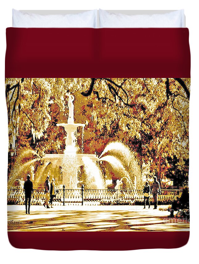 Savannah Historic District Duvet Cover featuring the digital art Champagne Twilight Forsyth Park Fountain in Savannah Georgia USA by Aberjhani