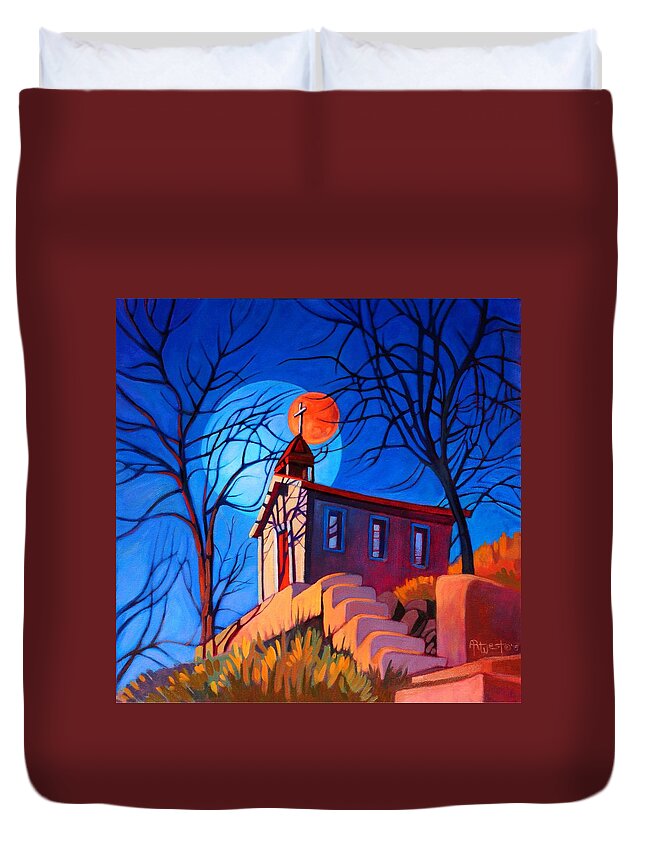 Old Duvet Cover featuring the painting Chapel on the Hill by Art West