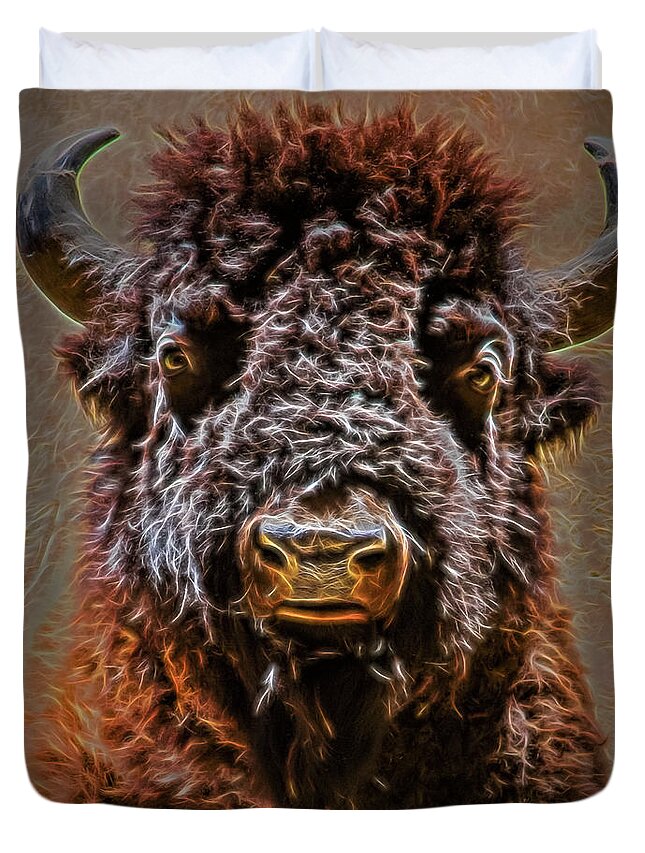 Animal Duvet Cover featuring the digital art Charging Bison by Ray Shiu