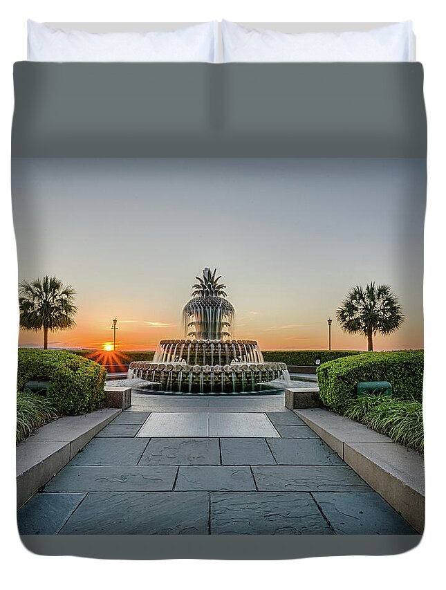Waterfront Duvet Cover featuring the photograph Charleston Pineapple Fountain at Sunrise by Anthony Doudt