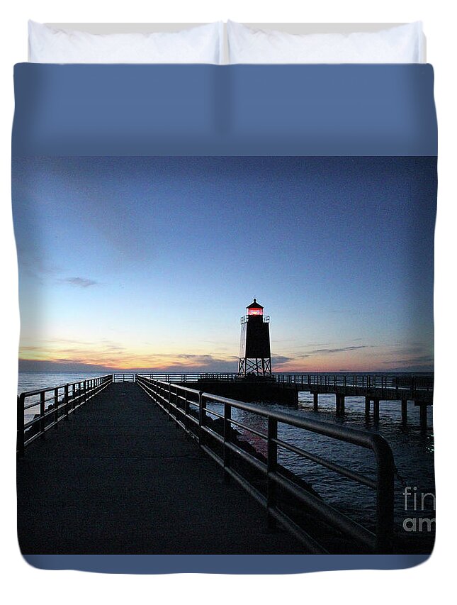 Charlevoix Duvet Cover featuring the photograph Charlevoix Light Tower by Laura Kinker