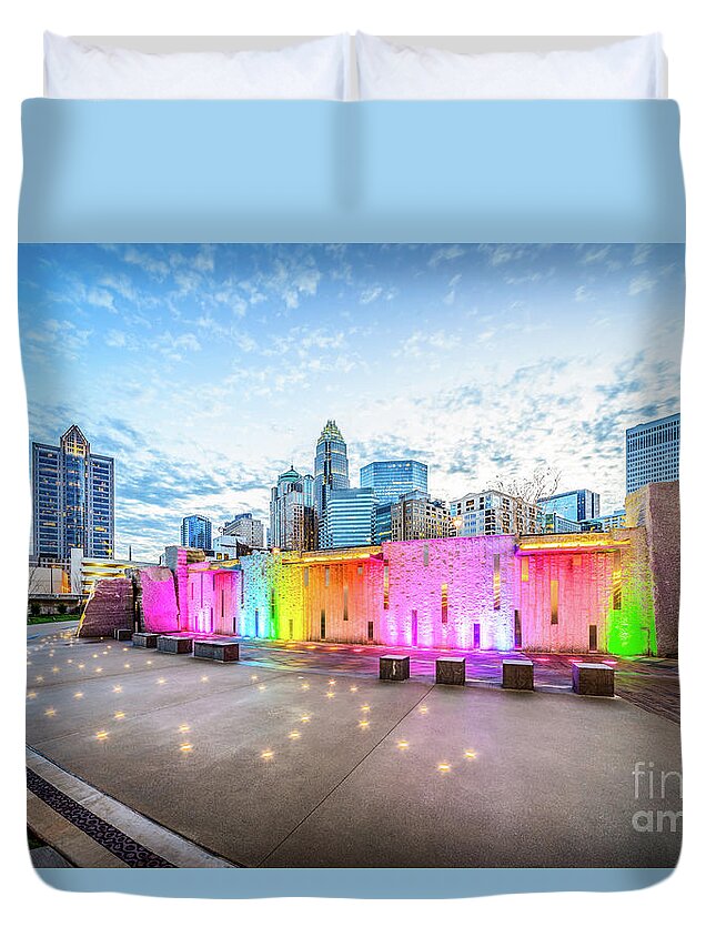 America Duvet Cover featuring the photograph Charlotte NC Skyline and Bearden Park at Dusk by Paul Velgos