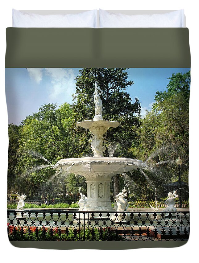 Savannah Georgia Duvet Cover featuring the photograph Charming Savannah Fountain by Carol Groenen