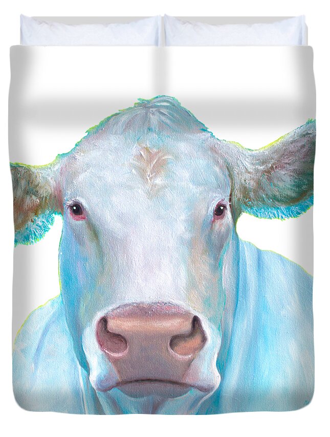 Charolais Duvet Cover featuring the painting Charolais Cow painting on white background by Jan Matson