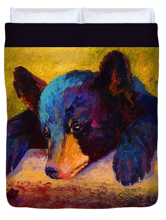 Bear Duvet Cover featuring the painting Chasing Bugs - Black Bear Cub by Marion Rose