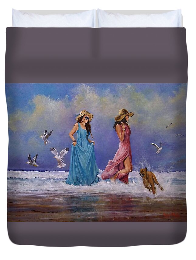 Romantacism Duvet Cover featuring the painting Chasing Gulls by Barry BLAKE