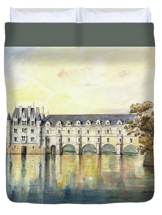 Chateau De Chenonceau Duvet Cover featuring the painting Chateau de Chenonceau by Juan Bosco