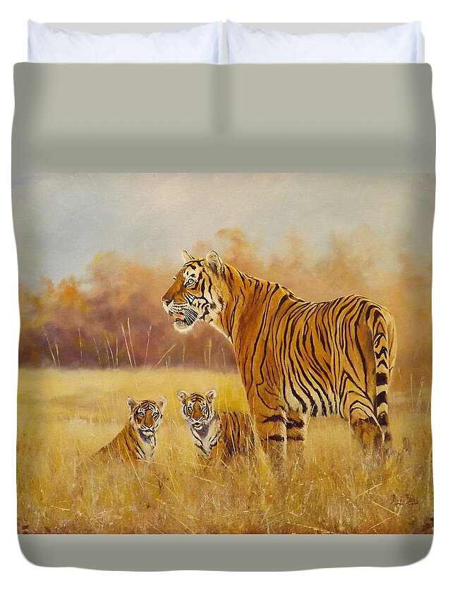 Wildlife . Endangered. Tiger. Tiger Cubs Duvet Cover featuring the painting Checking How the Land Lies by Barry BLAKE